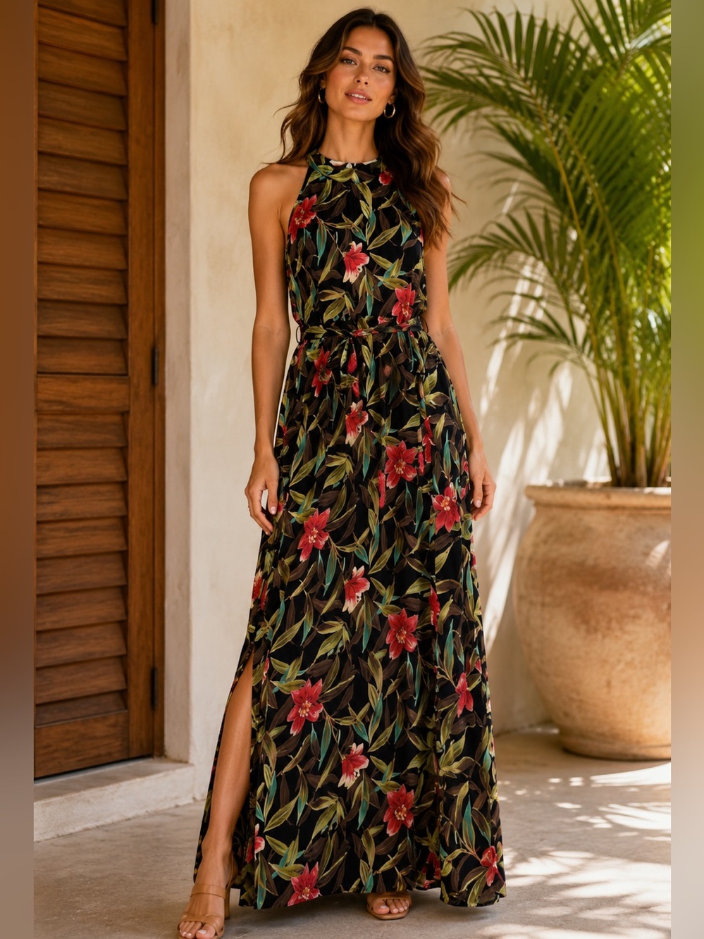 Papillon Blanc Tropical Floral Halter Maxi Dress Resort Vacation Dress L